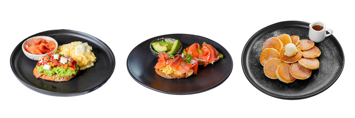 Delicious Culinary Triad: An appetizing array of breakfast delicacies, expertly arranged on elegant plates, tantalizing the viewer's senses with an inviting culinary presentation.