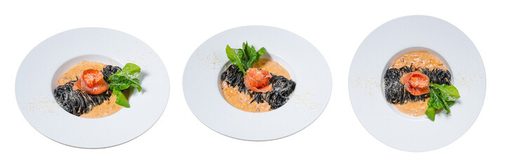 Gourmet Plate Trio: A captivating top-down view of three exquisite dishes, each a culinary masterpiece presented with artistic precision. Showcasing the art of gastronomy and the pleasure of dining.