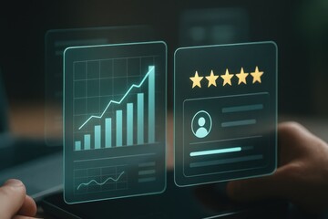 Digital analytics dashboard with rising chart and customer review rating
