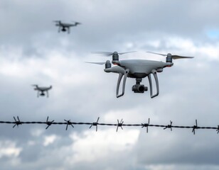 Fototapeta premium Drones flying over barbed wire for border surveillance