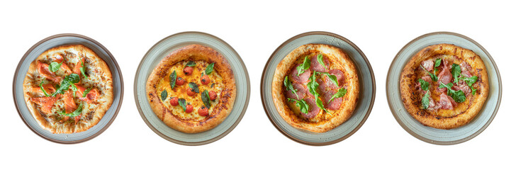 Diverse Pizza Selection: A vibrant aerial composition showcasing four distinct pizzas, each adorned with a medley of fresh, flavorful toppings, resting elegantly on individual plates.