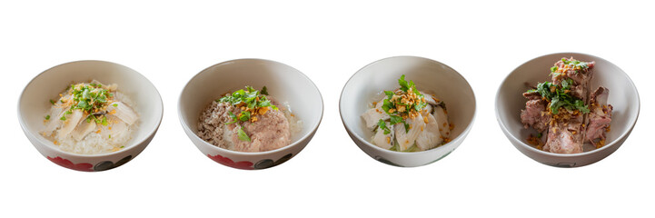 Asian Delights: A delectable array of four distinct bowls of savory Asian dishes, brimming with vibrant ingredients and enticing flavors, offering a glimpse into the culinary artistry of the East.