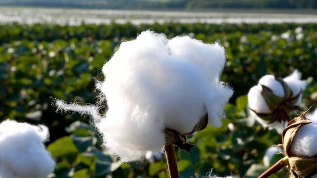 Close-up of cotton bolls in a field, with selective focus highlighting their soft, fluffy white fibers