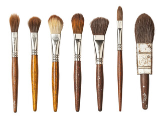 A Showcase of Eight Different Paint Brushes Displayed Elegantly Against a Black Background, Highlighting Their Unique Shapes and Textures on transparent background