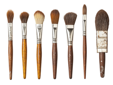 A Showcase of Eight Different Paint Brushes Displayed Elegantly Against a Black Background, Highlighting Their Unique Shapes and Textures on transparent background