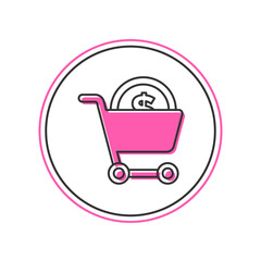 Filled outline Shopping cart and dollar symbol icon isolated on white background. Online buying concept. Delivery service. Supermarket basket. Vector
