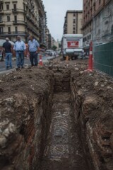 Fototapeta premium City excavation revealing ancient mosaic in urban construction site.