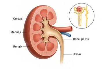 Anatomical illustration of a cross-sectioned human kidney with labels for cortex, medulla, renal pelvis, ureter, and a magnified nephron.