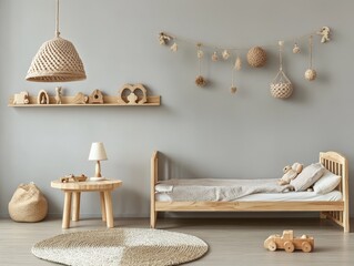 A cool kid's room with a wood bed, table, and shelf. There's a lamp, toys, and decorations hanging. The walls are grey and there's a rug on the floor.
