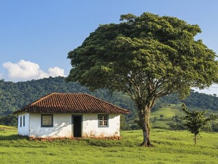 A country view with a tree and a simple house. It's a house in rural Brazil, in the Northeast region.
