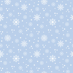 Winter Christmas seamless pattern with white falling snowflakes on a blue background, vector. Background pattern for design, decoration, poster, banner, fabric, wrapping paper. Holiday snowfall
