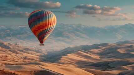 Obraz premium Single, colorful hot air balloon gracefully floats over a surreal, rolling landscape of Cappadocia during a beautiful sunrise. The sky is filled with soft clouds and light.