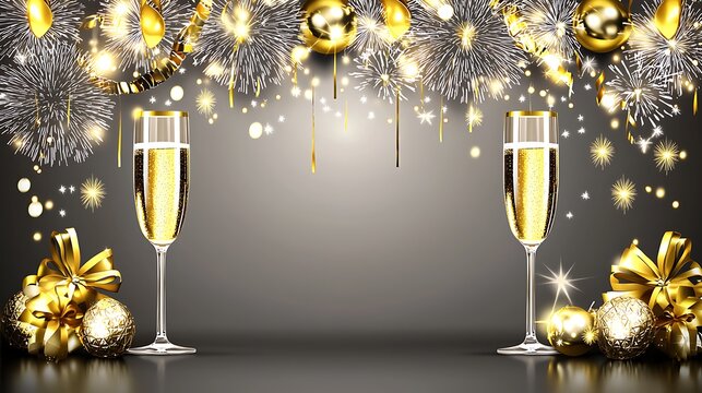 Festive scene with champagne glasses raised under 2026 fireworks shot on full frame camera, 24mm wide lens, wide framing with balanced exposure