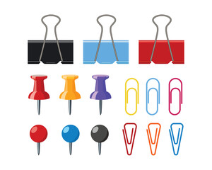 Set of colorful office supplies including binder clips, push pins