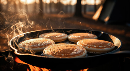 Pancakes cooking on a cast iron skillet over a campfire