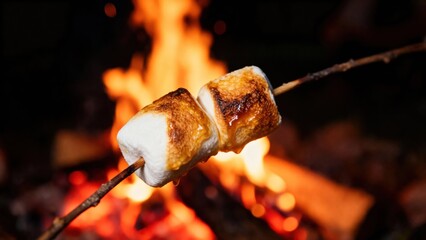Toasted marshmallows on a stick over a campfire