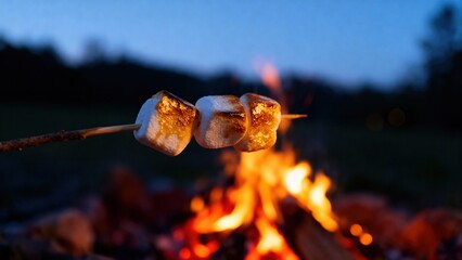 Marshmallows roasting over a campfire at dusk