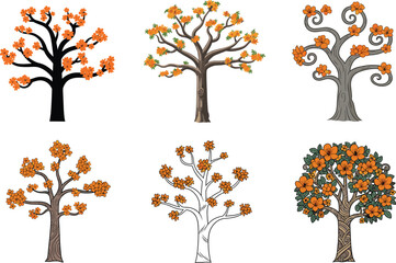 Stylized tree illustration, orange floral design, whimsical nature art, decorative botanical elements, seasonal foliage, fantasy forest concept, vibrant silhouette collection
