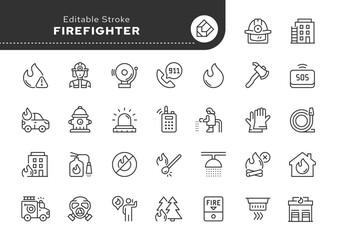 Fire service and firefighter line icon set. Fire extinguisher, siren, fire extinguishing, fire truck, fire escape and crane, hose, hydrant and more. Outline icon in linear style. Vector collection.	
