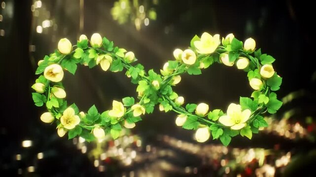 An infinity symbol crafted from vibrant green leaves and delicate yellow flowers, glowing softly in a magical, blurred forest setting with bokeh lights.
