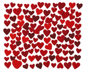A vibrant collection of red hearts scattered against a dark background, symbolizing love, affection, and emotional connections in a visually striking pattern. on transparent background