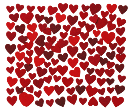 A vibrant collection of red hearts scattered against a dark background, symbolizing love, affection, and emotional connections in a visually striking pattern. on transparent background