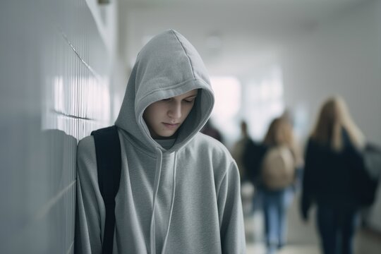 Sad teenage student in hoodie leaning against school hallway wall. Conceptual image illustrating bullying, social isolation, or emotional distress in education setting