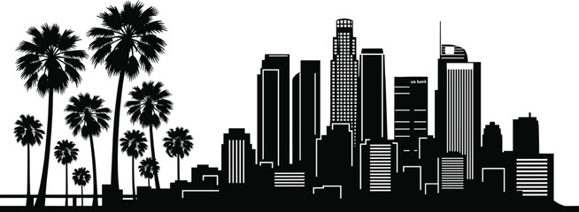 Black and white city skyline silhouette, palm trees, coastal urban architecture, tall skyscrapers, Los Angeles downtown, modern buildings, metropolitan landscape