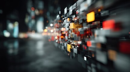 Obraz premium A dynamic, futuristic cityscape backdrop displays a wall of interconnected, vibrant blocks, with a blurred urban scene in the foreground.