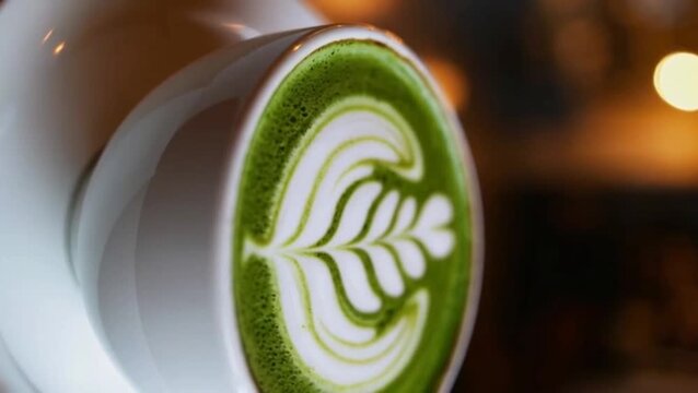 Matcha green tea latte with foam art
