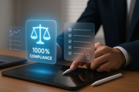 Businessman using tablet with holographic compliance checklist approval
 - Powered by Adobe