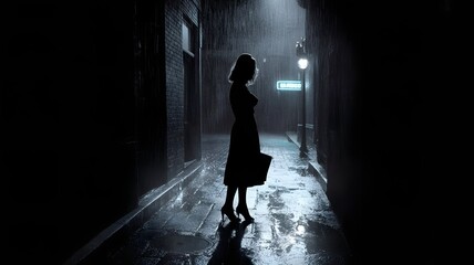 Elegant woman stands alone in the rain on a dark city street, a cinematic noir moment of solitude and reflection, perfect for mystery or fashion concepts