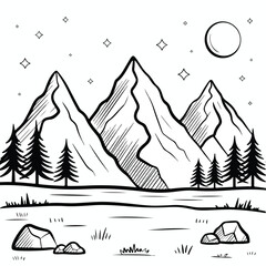 A silhouette illustration of a boat sailing on the sea at night, with a distant mountain background