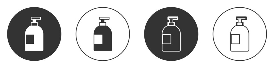 Black Dishwashing liquid bottle icon isolated on white background. Liquid detergent for washing dishes. Circle button. Vector