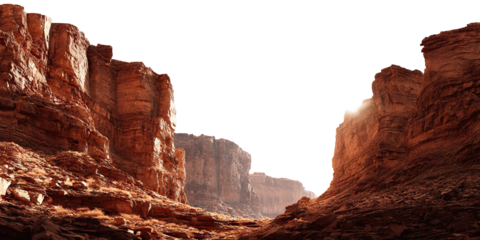 Majestic canyon with red rocky cliffs and sunlight, isolated on transparent cutout background