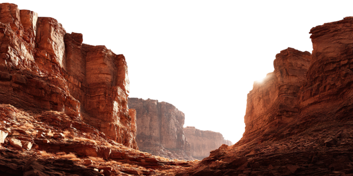 Majestic canyon with red rocky cliffs and sunlight, isolated on transparent cutout background