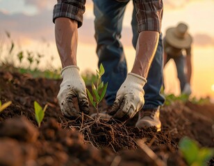 A person is planting a tree in the dirt. The tree is small and has a green leaf