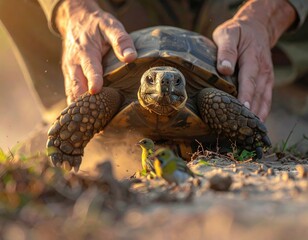 Naklejka premium A person is holding a turtle in their hand