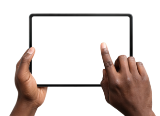 African American hands interacting with digital tablet blank screen, isolated on transparent cutout background