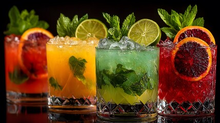 Sophisticated lineup of four vibrant, artisanal cocktails against a dramatic black background, with perfect reflections. Each is garnished with fresh mint and fruit slices.
