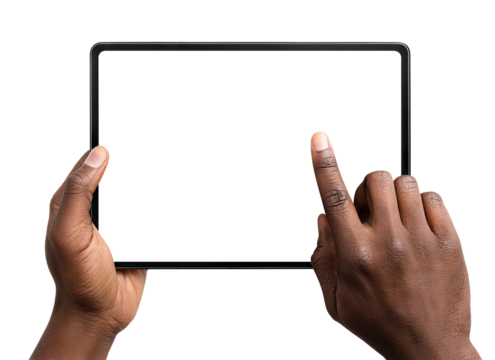 African American hands interacting with digital tablet blank screen, isolated on transparent cutout background