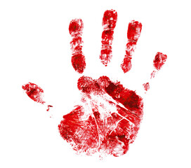 Red bloody handprint, isolated on transparent cutout background