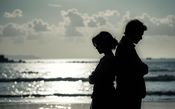 Silhouette of married middle-aged man and woman standing turning their back to each other- downcast sad posture dramatic contrast. Couple with conflict, breakup or emotional distance in relationship - Powered by Adobe