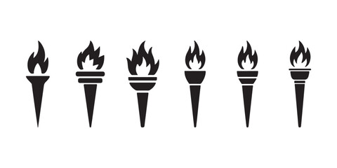 Black torch icons with flame set, Fire symbols vector illustration