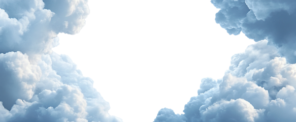 Fluffy white clouds frame border with copyspace, isolated on transparent cutout background
