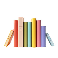 Collection of colorful books standing upright isolated on transparent background