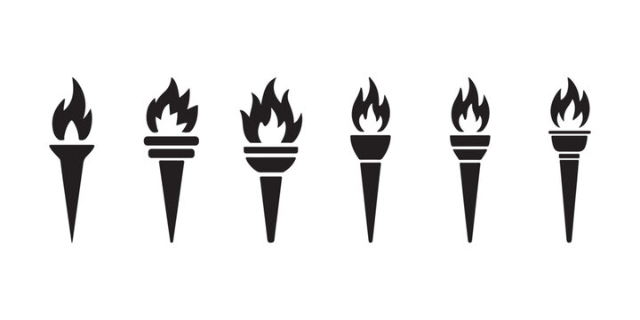 Black torch icons with flame set, Fire symbols vector illustration