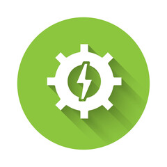 White Gear and lightning icon isolated with long shadow background. Electric power. Lightning bolt sign. Green circle button. Vector