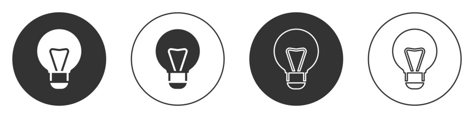 Black Creative lamp light idea icon isolated on white background. Concept ideas inspiration, invention, effective thinking, knowledge and education. Circle button. Vector