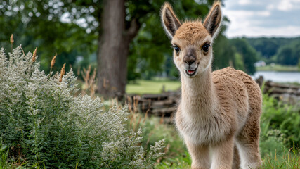 Adorable young animal enjoys sunny day near lush greenery and tranquil waterside